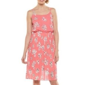 Elle Charming Pink White Black Floral Pleated Midi Dress Size Med